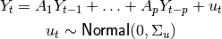 Y_t = A_1 Y_{t-1} + \ldots + A_p Y_{t-p} + u_t

u_t \sim {\sf Normal}(0, \Sigma_u)