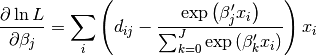 \frac{\partial\ln L}{\partial\beta_{j}}=\sum_{i}\left(d_{ij}-\frac{\exp\left(\beta_{j}^{\prime}x_{i}\right)}{\sum_{k=0}^{J}\exp\left(\beta_{k}^{\prime}x_{i}\right)}\right)x_{i}