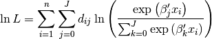 \ln L=\sum_{i=1}^{n}\sum_{j=0}^{J}d_{ij}\ln\left(\frac{\exp\left(\beta_{j}^{\prime}x_{i}\right)}{\sum_{k=0}^{J}\exp\left(\beta_{k}^{\prime}x_{i}\right)}\right)