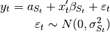 y_t = a_{S_t} + x_t' \beta_{S_t} + \varepsilon_t \\
\varepsilon_t \sim N(0, \sigma_{S_t}^2)