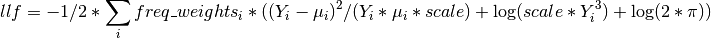 llf = -1/2 * \sum_i freq\_weights_i * ((Y_i - \mu_i)^2 / (Y_i *
      \mu_i * scale) + \log(scale * Y_i^3) + \log(2 * \pi))